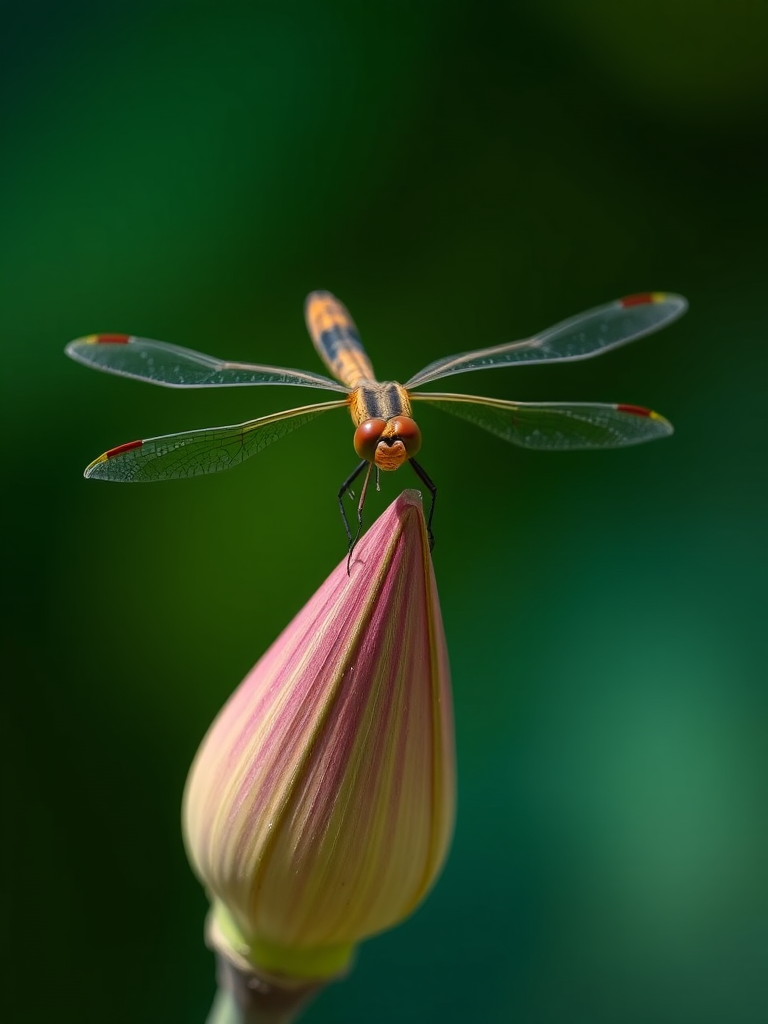 close-up shot of a dragonfly perched on a lotus seed pod with a blurred green background, aperture f/2.8, shutter speed 1/250s, ISO 100, macro lens, shallow depth of field, natural lighting