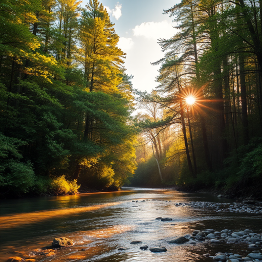 Create an image of a serene, sunlit forest scene with a clear, gently flowing river. Tall trees with lush green foliage line both sides of the river, their leaves bathed in the warm golden light of the setting or rising sun. The sunlight filters through the trees, casting soft, dappled light on the river, which flows over smooth rocks and pebbles, creating a peaceful, natural atmosphere. The sky is bright with a few scattered clouds, and the overall mood is tranquil, evoking a deep sense of connection with nature. The image captures the beauty of a calm, pristine forest landscape at either dawn or dusk.