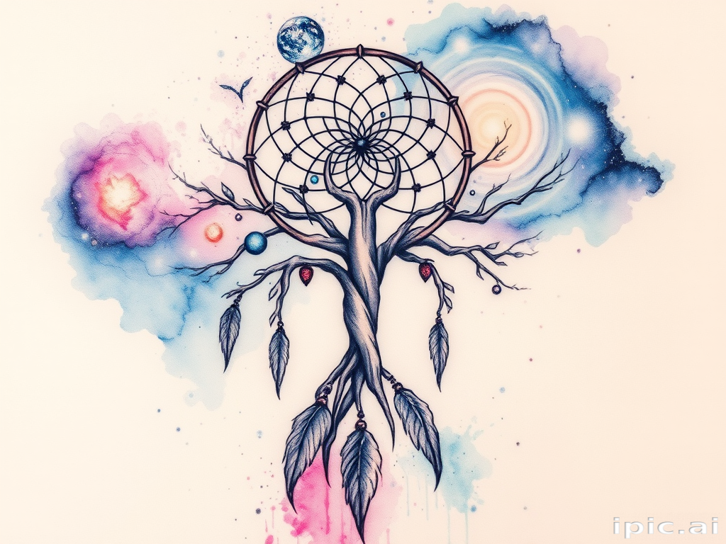 Surrealist watercolor tattoo named "Dreamscape Fusion" portraying a dreamcatcher morphing into a tree of life, with its branches extending into swirling galaxies and nebulae, utilizing soft pastel hues and ethereal brush strokes to create a dreamy, otherworldly atmosphere