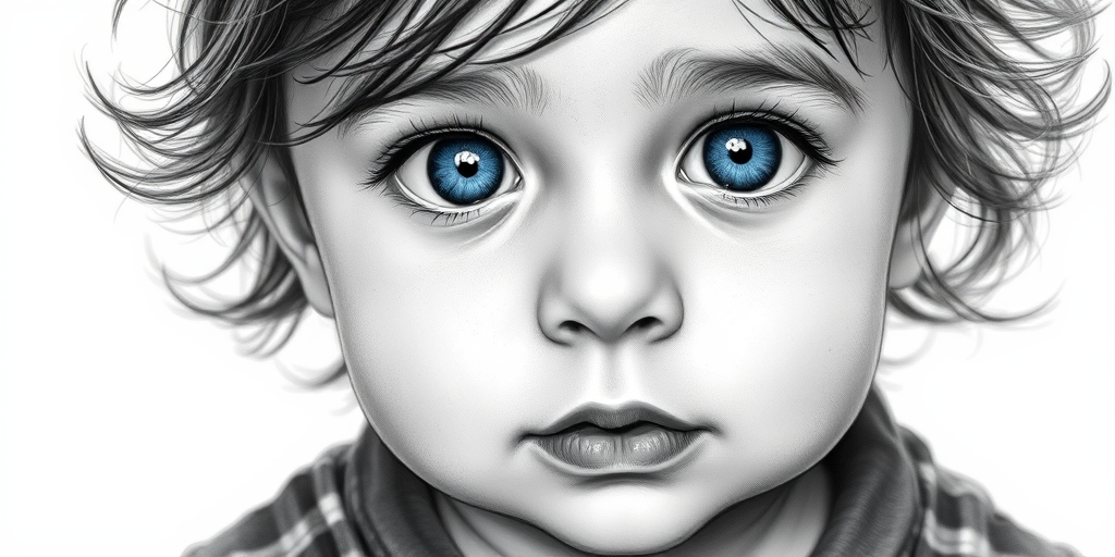 A hyperdetailed photorealistic black and white sketch of a beautiful toddler with deep blue eyes, with a macro focus