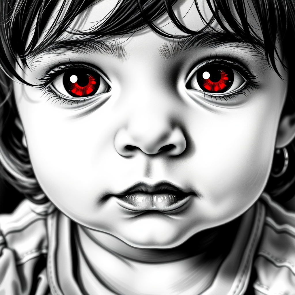 A hyperdetailed photorealistic black and white sketch of a beautiful toddler with deep red eyes, with a macro focus
