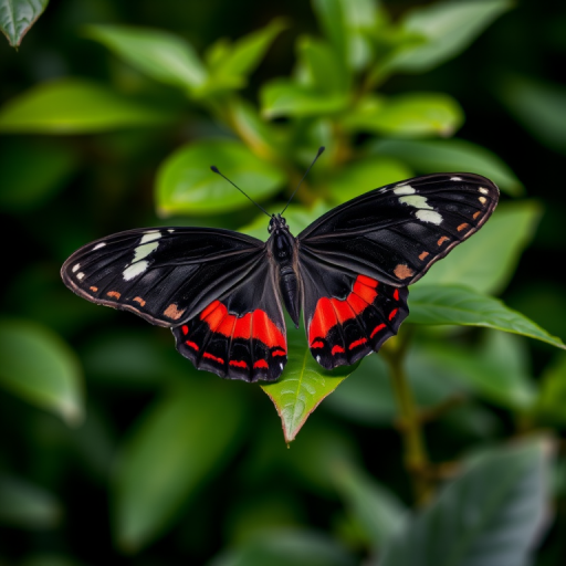 Generate an image of a butterfly perched on a green leaf. The butterfly has black wings with red and white markings, showcasing intricate details and vibrant colors. The background is lush and blurred, emphasizing the butterfly as the focal point.