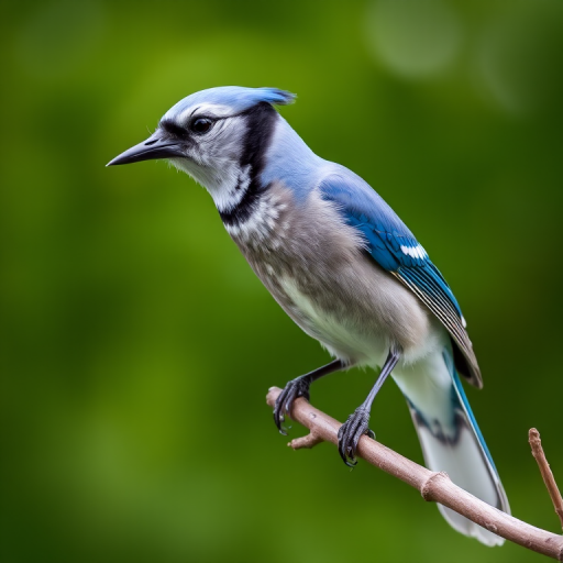 Capture a close-up of a blue jay perched on a branch, with a blurred green background, using a DSLR camera, aperture f/4, shutter speed 1/1000s, ISO 200, in vibrant color mode, natural light.
