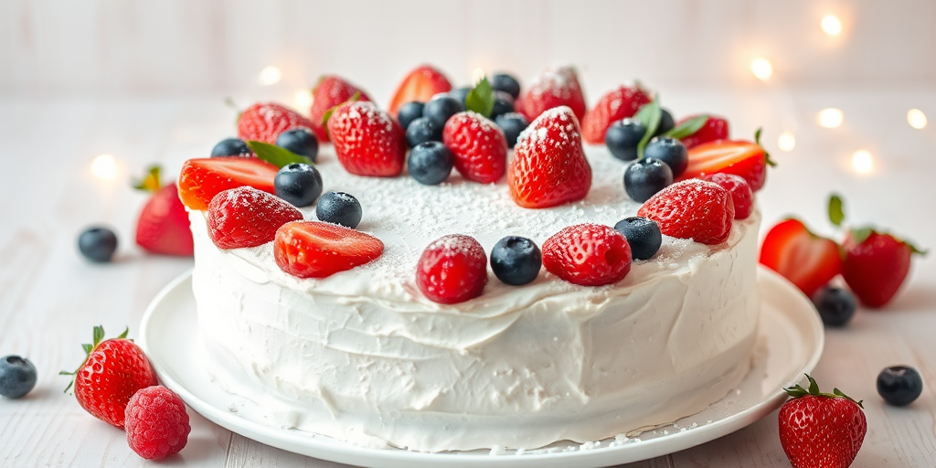 A beautifully decorated white cake with a fluffy texture topped with fresh strawberries, blueberries, and raspberries dusted with powdered sugar and garnished with green sprigs on a white plate, partially sliced, set against a light wooden background with soft glowing fairy lights.
