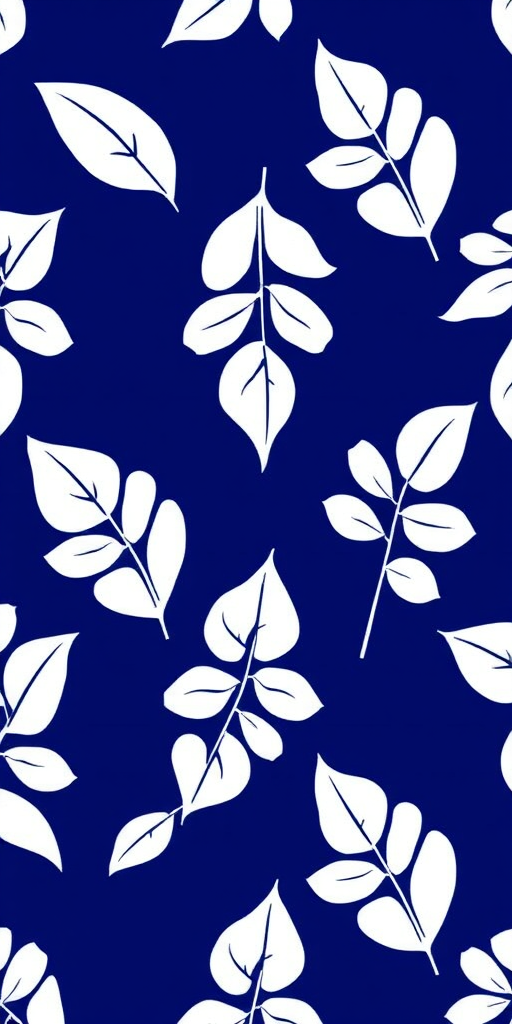 Create a seamless pattern of white abstract leaf shapes on a deep blue background, shot with a Canon EOS R5, 50mm lens, aperture f/8, ISO 100, HDR imaging, focused view.