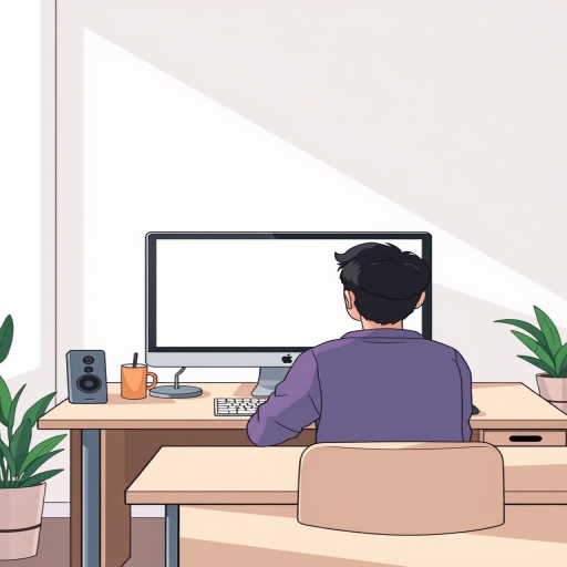 Create a digital illustration of a person sitting at a desk, looking at a blank computer monitor, use a 35mm lens, aperture f/2.8, ISO 100, natural lighting, frontal view, digital art style.