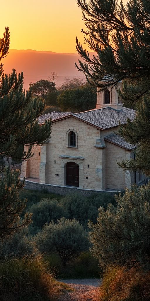 Capture an ancient stone church nestled among olive trees during golden hour with a DSLR camera using a 24mm lens at f/8, ISO 200, shutter speed 1/60 sec, in landscape orientation, ensuring vibrant colors and clear details.