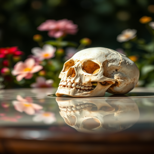 create a still life image of a skull resting on a reflective surface in a garden setting, shallow depth of field, natural lighting, f/2.8 aperture, 50mm lens, ISO 100, Canon DSLR, soft focus background with floral elements.