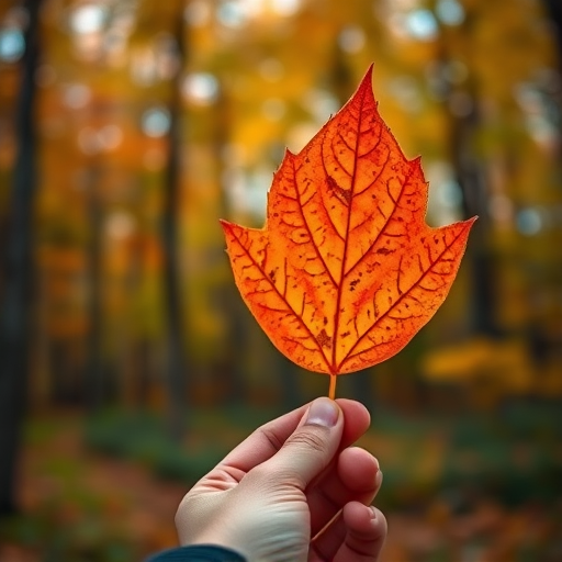 Capture a close-up of an orange autumn leaf held in a person's hand against a blurred forest background, using a DSLR camera with a 50mm lens, aperture set to f/2.8, ISO 200, and a shutter speed of 1/200s to achieve a vibrant and sharp image with a bokeh effect.