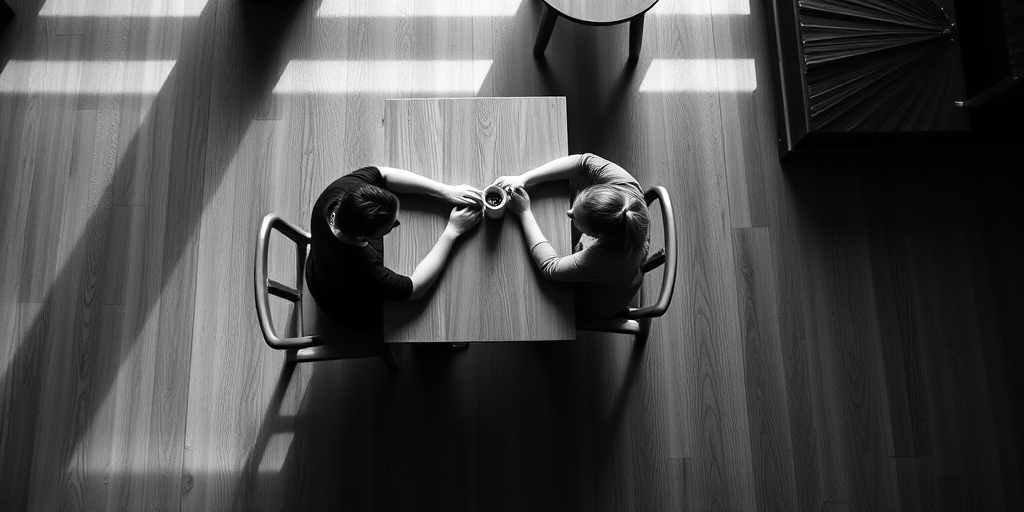 Generate a high-contrast black and white image of two people sitting at a wooden table, captured from a bird's eye view using a DSLR camera at f/1.8, ISO 100, shutter speed 1/60s, with soft lighting to create dramatic shadows and highlights.