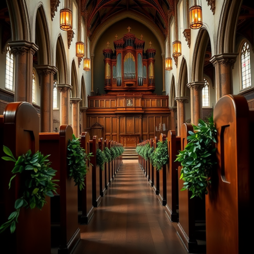 interior of a large church with wooden pews adorned with greenery, looking down the aisle towards an ornate organ in the background, captured with a DSLR camera, 24mm lens, f/8 aperture, ISO 200, natural light, wide-angle perspective