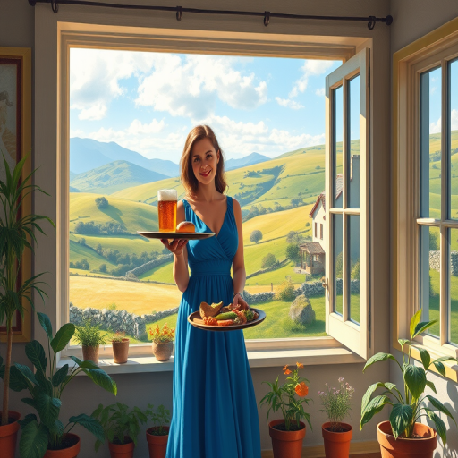 In "A Glass of Beer on the Highland," a serene scene is depicted in a sunlit room where a woman in a vibrant blue dress stands by a large window. She holds a tray with a hearty meal and a frothy glass of beer, embodying a moment of relaxation. Outside, the breathtaking highland landscape features rolling green hills and a charming traditional house, all bathed in warm afternoon light. The interior is adorned with potted plants, creating a harmonious blend of comfort and nature. The painting beautifully captures the tranquility and joy found in simple pleasures amidst stunning scenery