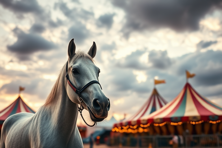 A vintage circus scene at dusk with a white horse in the foreground, colorful striped tents in the background, dramatic cloudy sky, shot with a DSLR camera, 50mm lens, f/2.8 aperture, ISO 200, shallow depth of field for a soft background blur, warm tones to enhance the atmosphere.