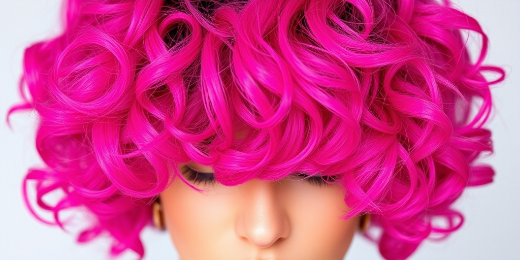 Vibrant magenta curly shag with choppy layers and curtain bangs, embracing natural texture for a retro-inspired and carefree look