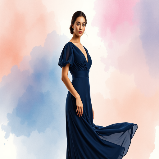 a woman in an elegant navy blue dress standing gracefully in a watercolor style backdrop of soft colors, shot with a Canon EOS R, 50mm lens, f/2.8 aperture, ISO 100, natural light, portrait view, high resolution, soft focus for artistic effect