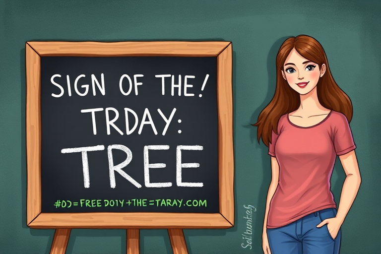 Generate an illustration of a woman standing next to a chalkboard displaying the text "SIGN OF THE DAY: TREE" with a whimsical tree drawing, shot with a Canon EOS R5 at f/4, ISO 200, 50mm lens, in a bright and colorful style, frontal view, with soft lighting for enhanced details.