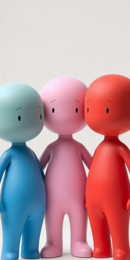 Create a stylized image of three abstract, cartoon-like figures with smooth, rounded edges standing close together, use a 50mm lens, aperture f/2.8, ISO 100, and shoot from eye level with soft lighting to enhance the quality and focus on their expressions.