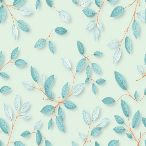 generate a seamless pattern of delicate teal leaves on a soft mint background, camera settings: f/8, ISO 100, shutter speed 1/60, camera view: top-down, camera style: high detail, camera type: DSLR