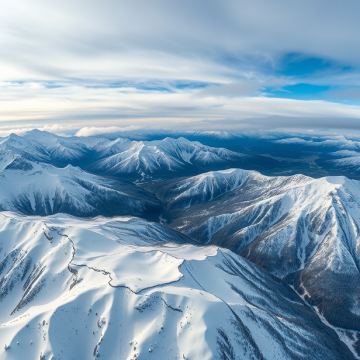 aerial view of snow-covered mountains under a cloudy sky, shot with a Canon EOS R5, 24mm lens, f/8 aperture, ISO 100, high dynamic range, crisp details, panoramic perspective