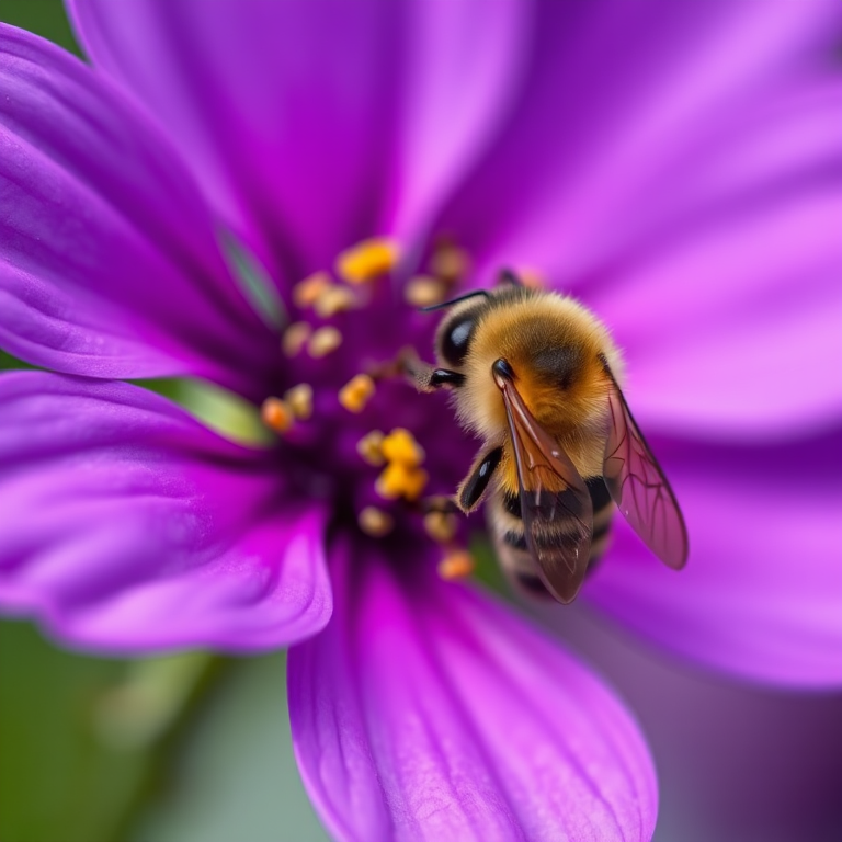 macro shot of a bee on a vibrant purple flower with a blurred background, ISO 100, f/2.8, 1/500s, 50mm lens, natural light, soft focus, high detail