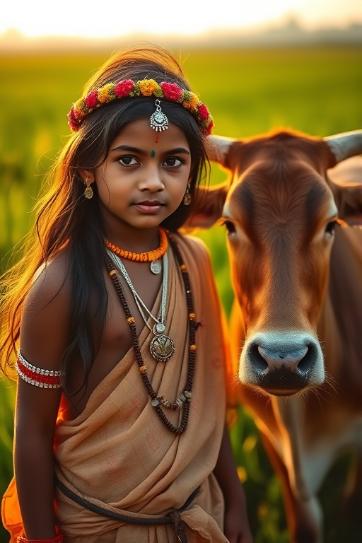 Generate a high-resolution image of a young boy with long hair wearing traditional Indian attire, adorned with jewelry and a flower crown, alongside a gentle cow in a vibrant green field during golden hour, using a Canon EOS R5, 50mm lens, f/1.8 aperture, ISO 100, and a soft focus style for a dreamy effect.