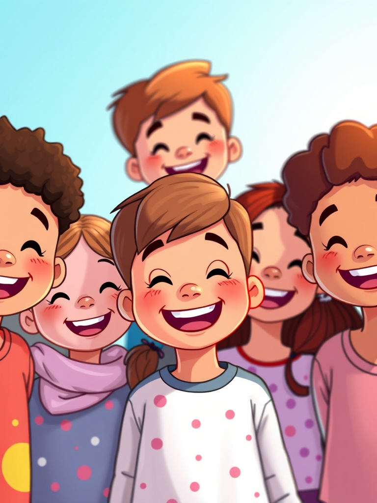 Create a vibrant illustration of a diverse group of cartoon children smiling together, using a shallow depth of field, with bright and colorful backgrounds, captured with a high-resolution digital camera at f/2.8, ISO 100, 50mm lens to enhance image quality.