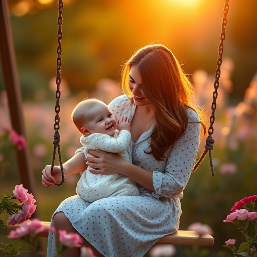 A serene scene of a mother holding her baby while sitting on a swing surrounded by flowers, soft golden light illuminating the background, captured with a Canon EOS R5 at f/1.8, 50mm lens, ISO 100, soft-focus artistic style.