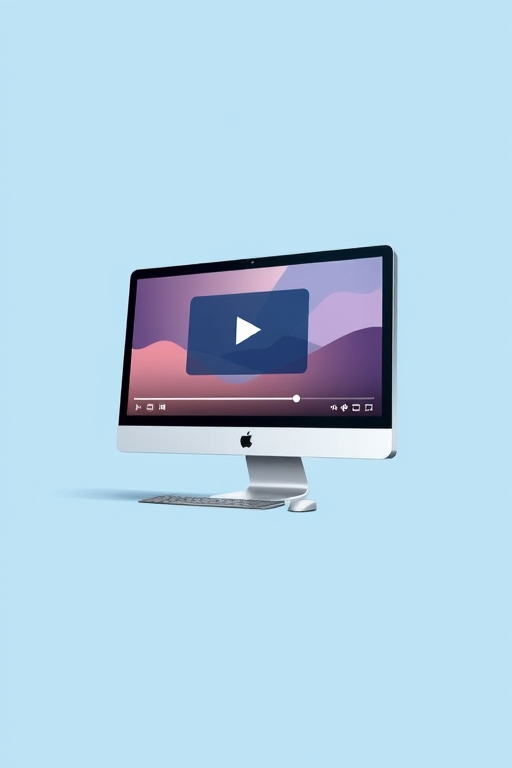 create a digital illustration of a computer monitor displaying a video player interface on a light blue background, using a high-resolution digital art style, 300 DPI, perspective view, with a soft lighting effect to enhance details, using a Wacom tablet for precision.
