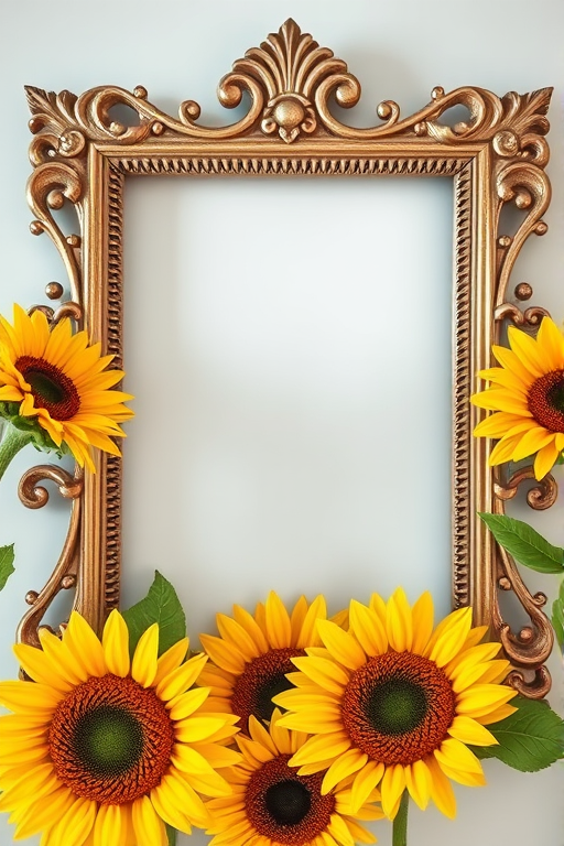 Create a high-resolution image of a decorative frame featuring sunflowers, using a Canon EOS 5D Mark IV with a 50mm lens, aperture f/2.8, ISO 100, and a soft focus style to enhance the vibrant colors and details.