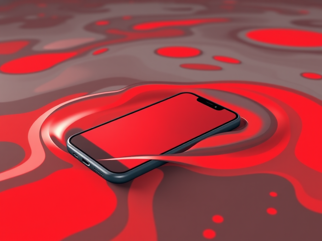 Create an illustration of a smartphone partially submerged in a pool of vibrant red and gray liquid, emphasizing a dramatic angle, with a shallow depth of field, using a DSLR camera set to f/2.8, ISO 100, and a 50mm lens to enhance the image quality and detail.