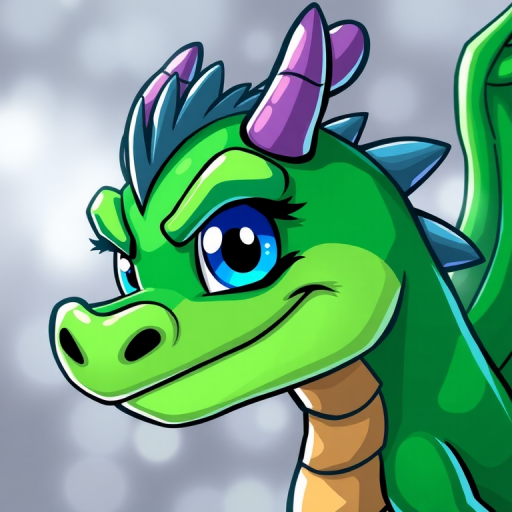 Create a vibrant cartoon-style illustration of a green dragon-like creature with an expressive blue eye, sharp spikes, and a playful smirk, using a DSLR camera at f/2.8 aperture, ISO 100, 50mm lens, natural lighting to enhance color saturation and details.