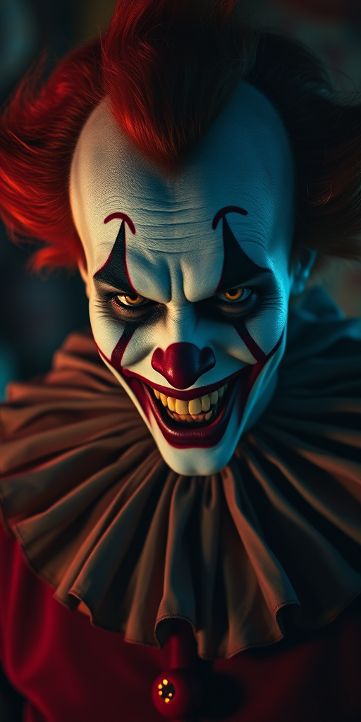 Generate a high-resolution image of a sinister clown with makeup, detailed facial expressions, and blood stains on a ruffled collar, shot with a Canon EOS R5, 85mm lens, aperture f/1.8, ISO 200, with dramatic lighting and a shallow depth of field to emphasize the clown's haunting features in a dimly lit circus environment.