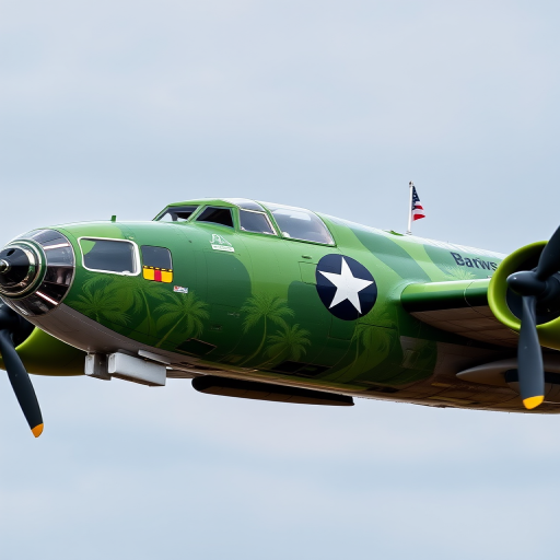 Generate an image of a B-17 bomber aircraft in a vibrant green camouflage with tropical palm tree designs, side view, high-resolution, 50mm lens, f/8 aperture, soft focus background, taken with a DSLR camera.