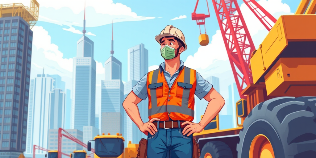 Create a vibrant illustration of a construction worker in a cityscape with skyscrapers, wearing a hard hat and safety vest, standing confidently with hands on hips next to construction equipment, use a Canon EOS R5 with a 35mm lens, f/2.8 aperture, 1/250s shutter speed, and a bright color palette for enhanced clarity.