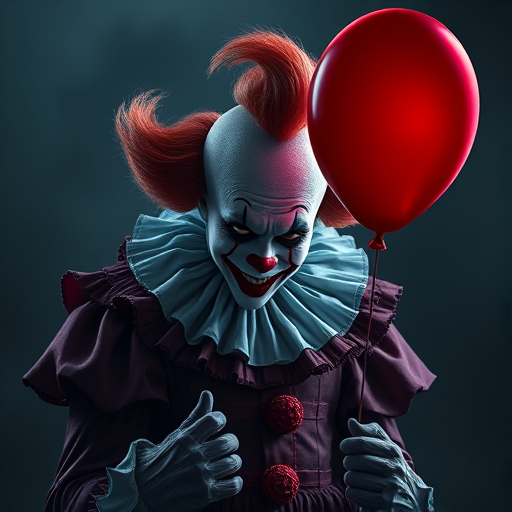 Create a high-resolution digital illustration of a sinister clown holding a red balloon, using a Canon EOS R5 camera with a 50mm lens, f/1.8 aperture, ISO 100, and soft diffused lighting for enhanced detail and contrast.