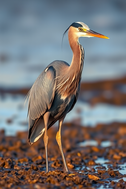A detailed close-up of a heron standing on a muddy bank, sharp focus on the bird with a blurred background, captured with a DSLR camera at f/4, 1/500 sec, ISO 200, 200mm lens, natural light, golden hour.