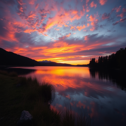 Create a high-resolution image of a scenic sunset over a calm lake with vibrant colors, using a DSLR camera, 24mm lens, f/8 aperture, ISO 100, 1/200 seconds exposure, with a wide-angle view and soft focus.