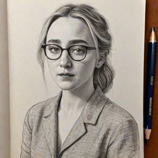 Captivating Saoirse Ronan, pencil sketch, portrait of Beauteous woman 1957s in glasses, hair style beatnik, outline, clear lines, fine lines, 8k