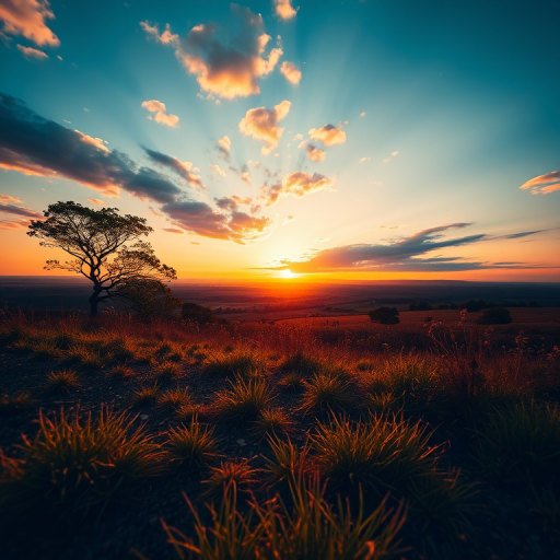 High-resolution image of a serene landscape during golden hour, f/8 aperture, ISO 100, 24mm focal length, shot with a DSLR camera from a low angle perspective to enhance depth, vibrant colors and soft lighting.