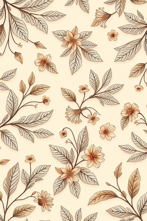 detailed floral pattern with intricate leaves and flowers on a light beige background, shot with a Canon EOS R5 at f/8, ISO 100, 50mm lens, top-down view with soft diffused lighting to enhance colors and contrast