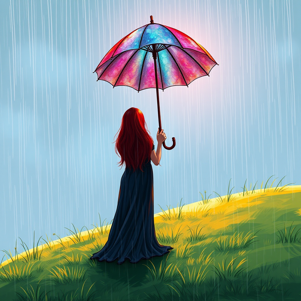 A surreal hand-drawn digital artwork depicting a mysterious red-haired woman standing on a grassy hill under the rain. She holds an umbrella crafted from iridescent zircon, its vibrant sheen contrasting with the soft, rainy atmosphere. The scene feels dreamlike, blending the natural elements of the hill and rain with the otherworldly shimmer of the umbrella.
