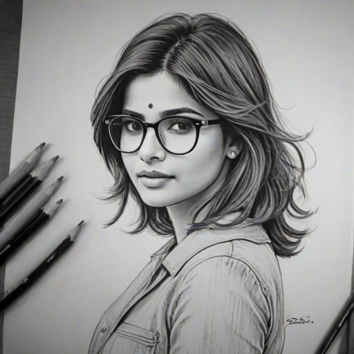 Splendid Samantha Ruth Prabhu, pencil sketch, portrait of Gorgeous woman 1961s in glasses, hair style beatnik, outline, clear lines, fine lines, 8k