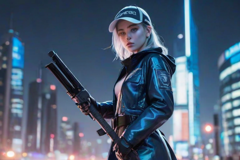 1 girl, android, simple, background, gradient background, see-through coat, iridescent, visor, realistic, aesthetic, from side, blue theme, white background, text POLICE, night city background, depth of field, holding weapon, sword, sword, sword reflection, traditional style grip, off centre crop, realistic