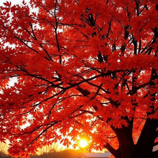 Create a highly detailed digital artwork of an autumn tree with vibrant orange leaves, using a DSLR camera with a 50mm lens at f/2.8, ISO 100, and a shallow depth of field for a blurred background, capturing the tree from a low angle to emphasize its height and majesty against a soft sunset backdrop.