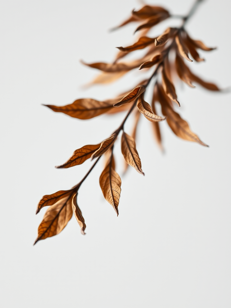 a detailed close-up of a dried plant with brown leaves on a white background, high aperture (f/2.8), shutter speed 1/125s, ISO 200, macro lens, studio lighting, DSLR camera