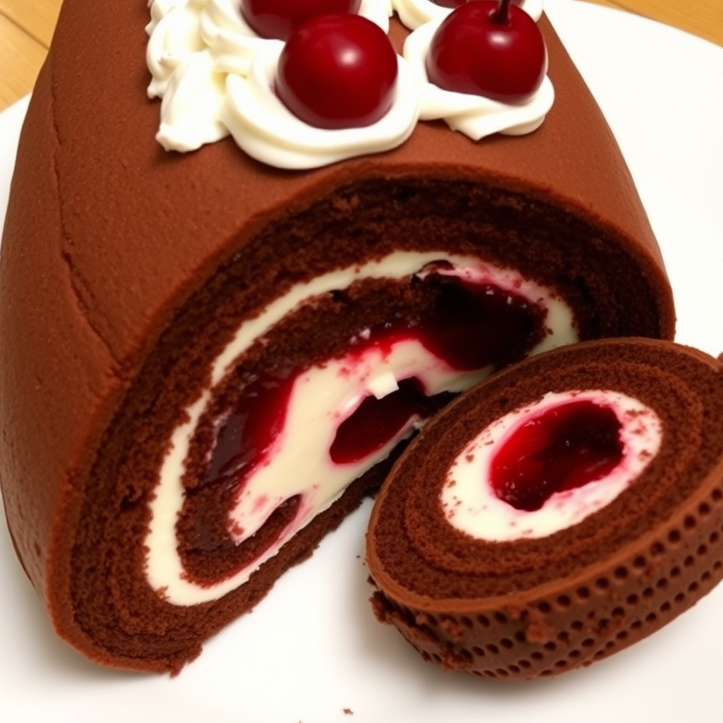 A chocolate rolled cake with a rich chocolate exterior, filled with cream and cherries, topped with whipped cream and whole cherries along the top, displayed on a white plate, with a slice cut out showing the inner filling.