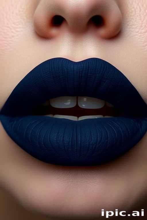 Deep navy blue lips with a suede-like texture, "Midnight Velour" offers a bold and sophisticated look with a soft, touchable finish