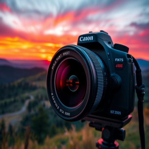 Create an image of a scenic landscape during sunset with vibrant colors, using a DSLR camera with a 50mm lens, aperture set to f/1.8, ISO 200, shutter speed 1/200s, capturing a wide-angle view in high resolution for enhanced detail.