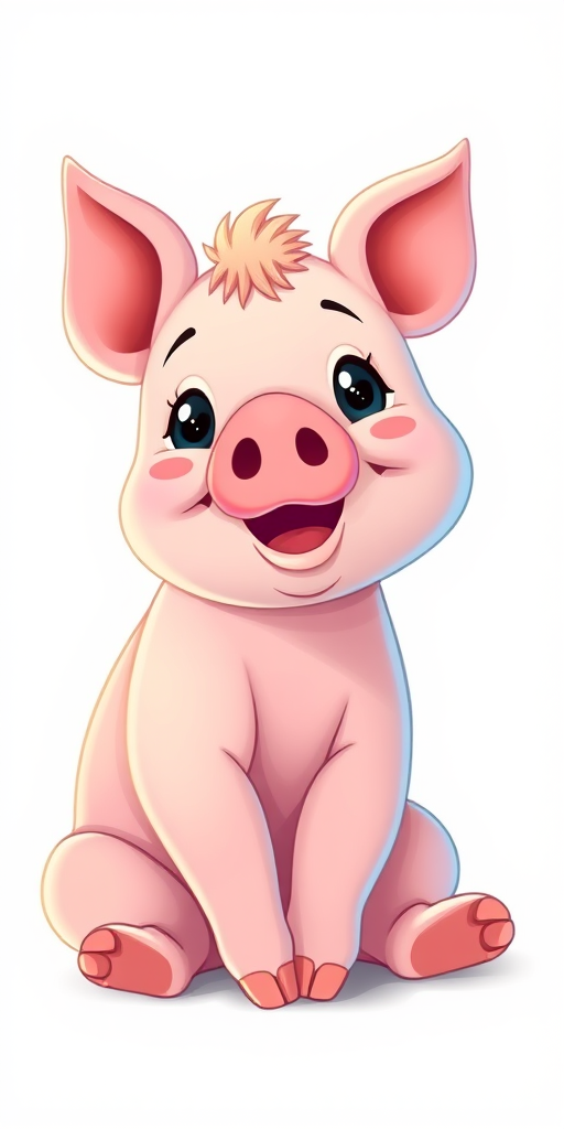 Create a cute cartoon piglet sitting and smiling, vibrant colors with a playful expression, camera settings: 50mm lens, f/2.8 aperture, ISO 200, view from eye level, soft lighting, digital illustration style.