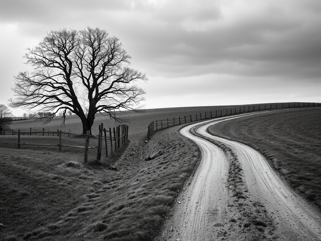 a winding dirt path leading through a rural landscape with a large, bare tree near a wooden fence, captured in black and white with a moody atmosphere